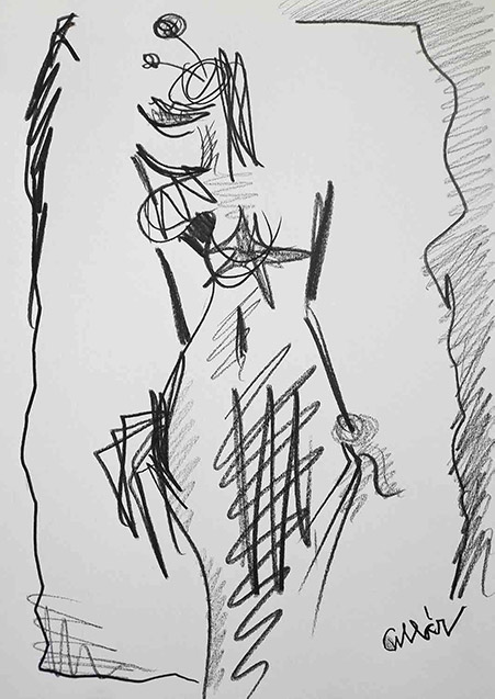 Ženský akt v abstraktnom minimalistyckom prevedení, nakreslený čiernou pastelkou v zopár líniách